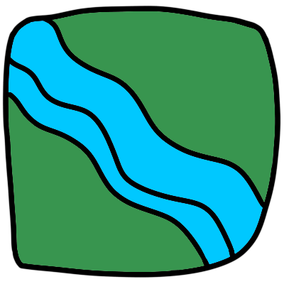 A green rounded squareish shape, with a thin light blue wavy water flowing through it.